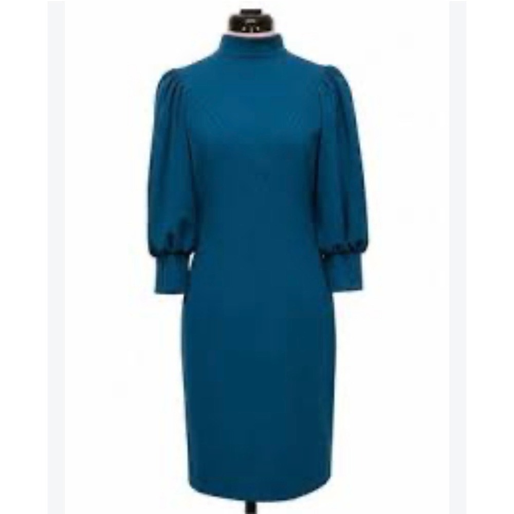 Calvin Klein Sheath Dress 3/4 Puff Sleeves Mock Neck Teal Gold Zipper Detail